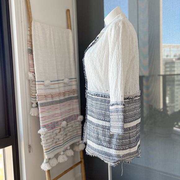 Chico’s White Blue Eyelet Linen Blend Embellished Lightweight Coat Women’s Large - Picture 3 of 9